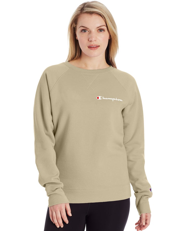 Champion Womens Sweatshirt NZ - Powerblend Fleece Classic Crew Script Logo Kahki ( 9524-OMJQC )